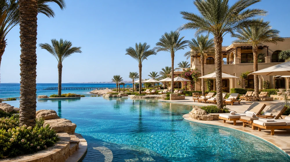 Hotelanlage am Roten Meer mit Palmen und Pool
