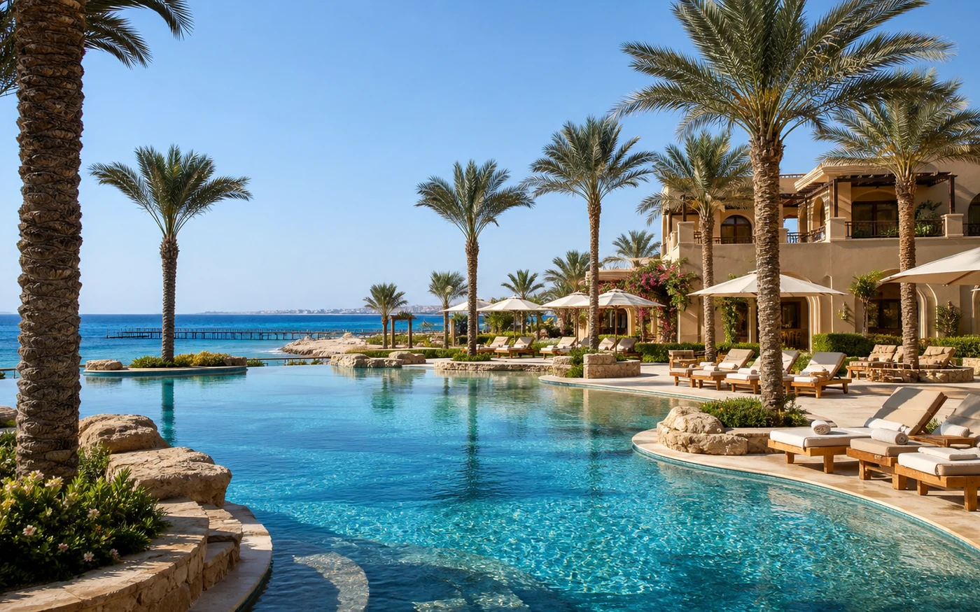 Poolanlage eines Resorts am Roten Meer mit Palmen und Meerblick