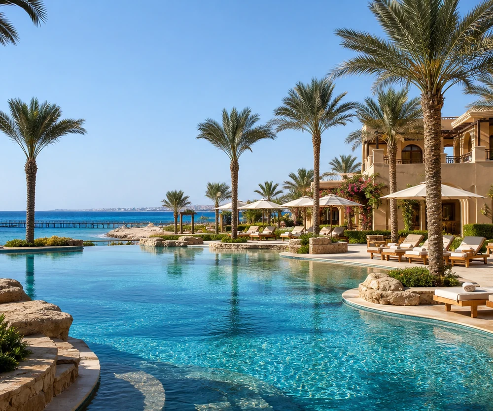 Resortpool mit Palmen in Hurghada